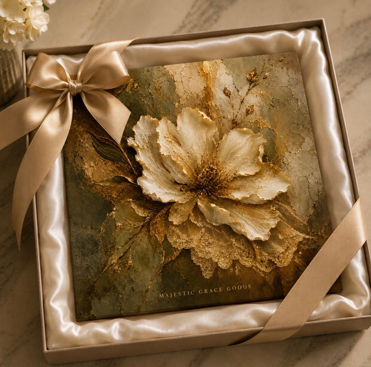 Ivory Floral Canvas Wall Art Ready to Hang, Antique Gold Botanical Luxury Decor