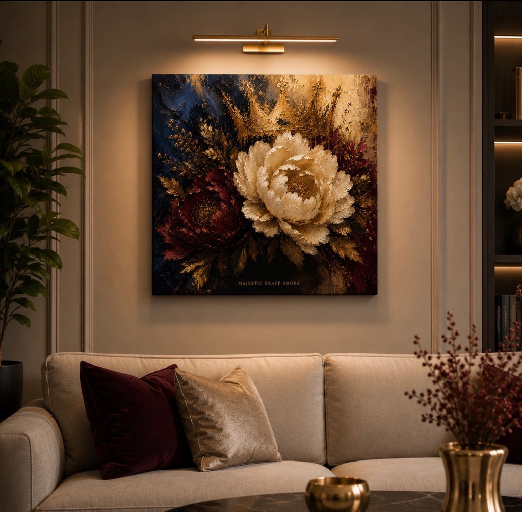 Tableau mural sur toile Pivoine Couronne Royale – Peinture à l'huile florale bordeaux marine or, prêt à être accroché