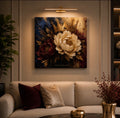 Tableau mural sur toile Pivoine Couronne Royale – Peinture à l'huile florale bordeaux marine or, prêt à être accroché