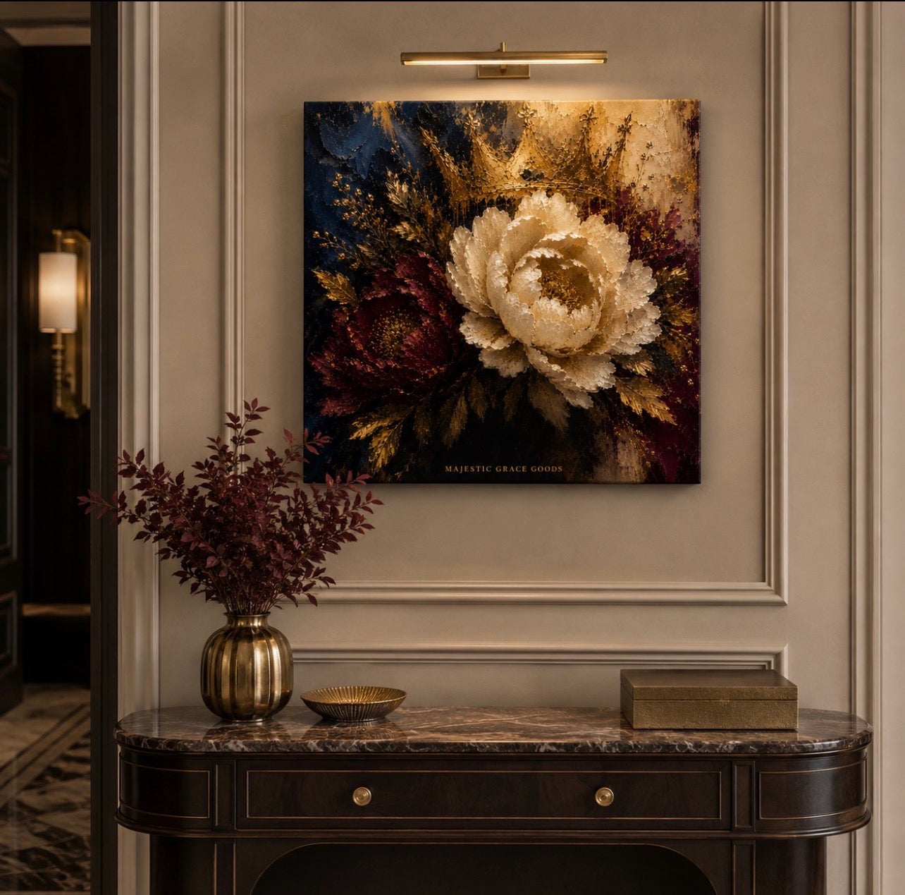 Tableau mural sur toile Pivoine Couronne Royale – Peinture à l'huile florale bordeaux marine or, prêt à être accroché