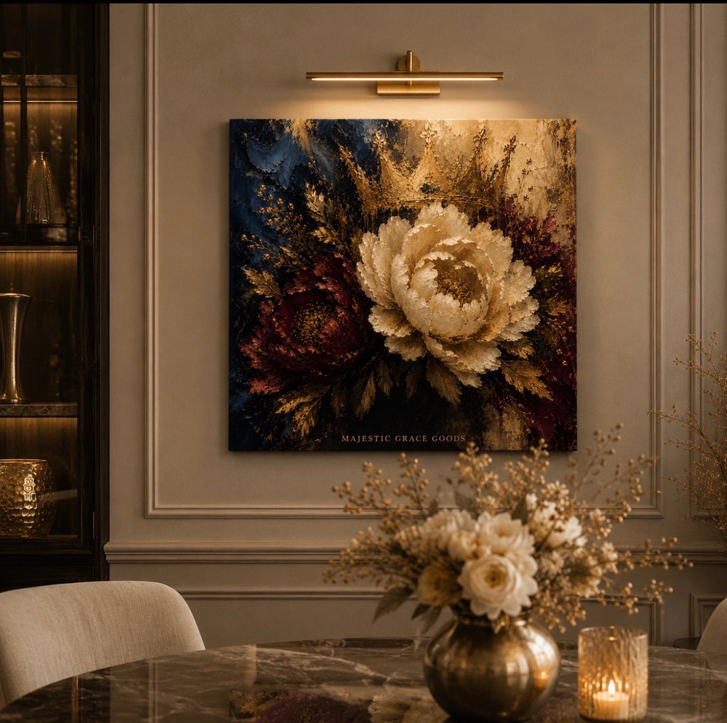 Tableau mural sur toile Pivoine Couronne Royale – Peinture à l'huile florale bordeaux marine or, prêt à être accroché