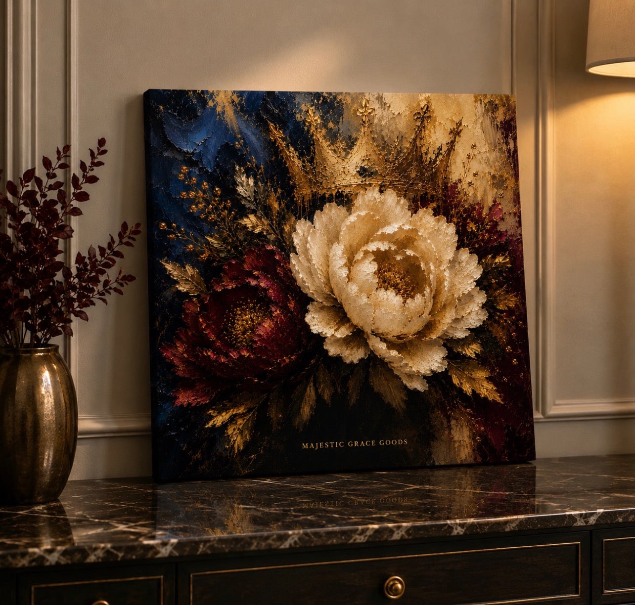 Tableau mural sur toile Pivoine Couronne Royale – Peinture à l'huile florale bordeaux marine or, prêt à être accroché
