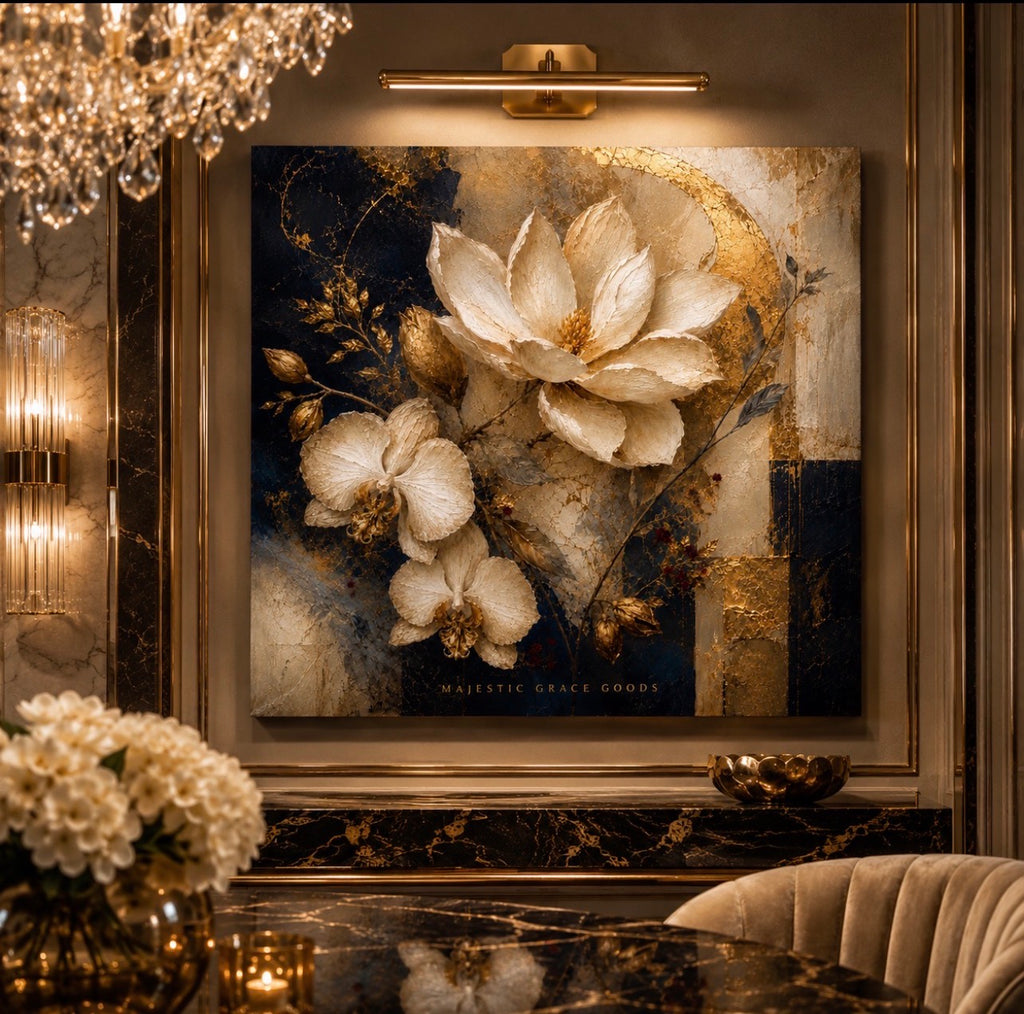 Décoration murale toile Magnolia orchidée ivoire – Motif floral de luxe bleu marine et or, prête à accrocher