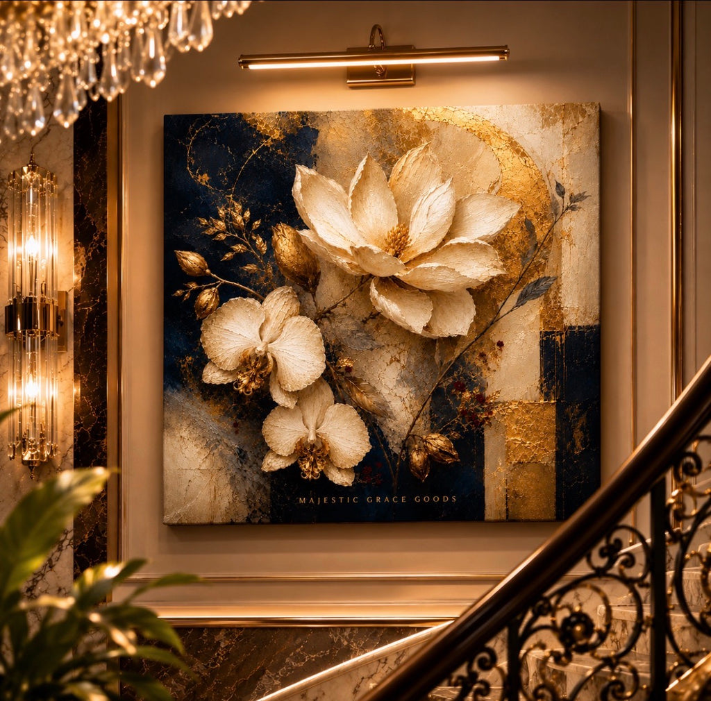 Décoration murale toile Magnolia orchidée ivoire – Motif floral de luxe bleu marine et or, prête à accrocher