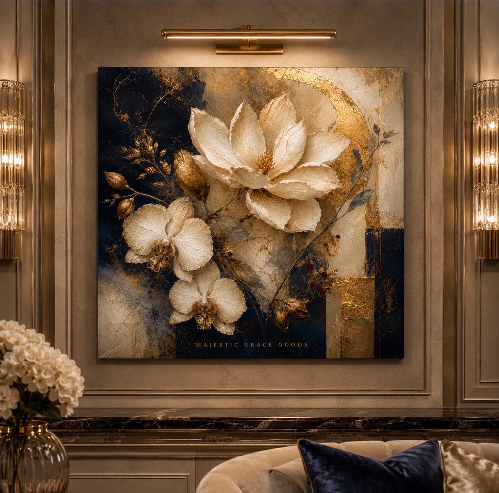 Décoration murale toile Magnolia orchidée ivoire – Motif floral de luxe bleu marine et or, prête à accrocher