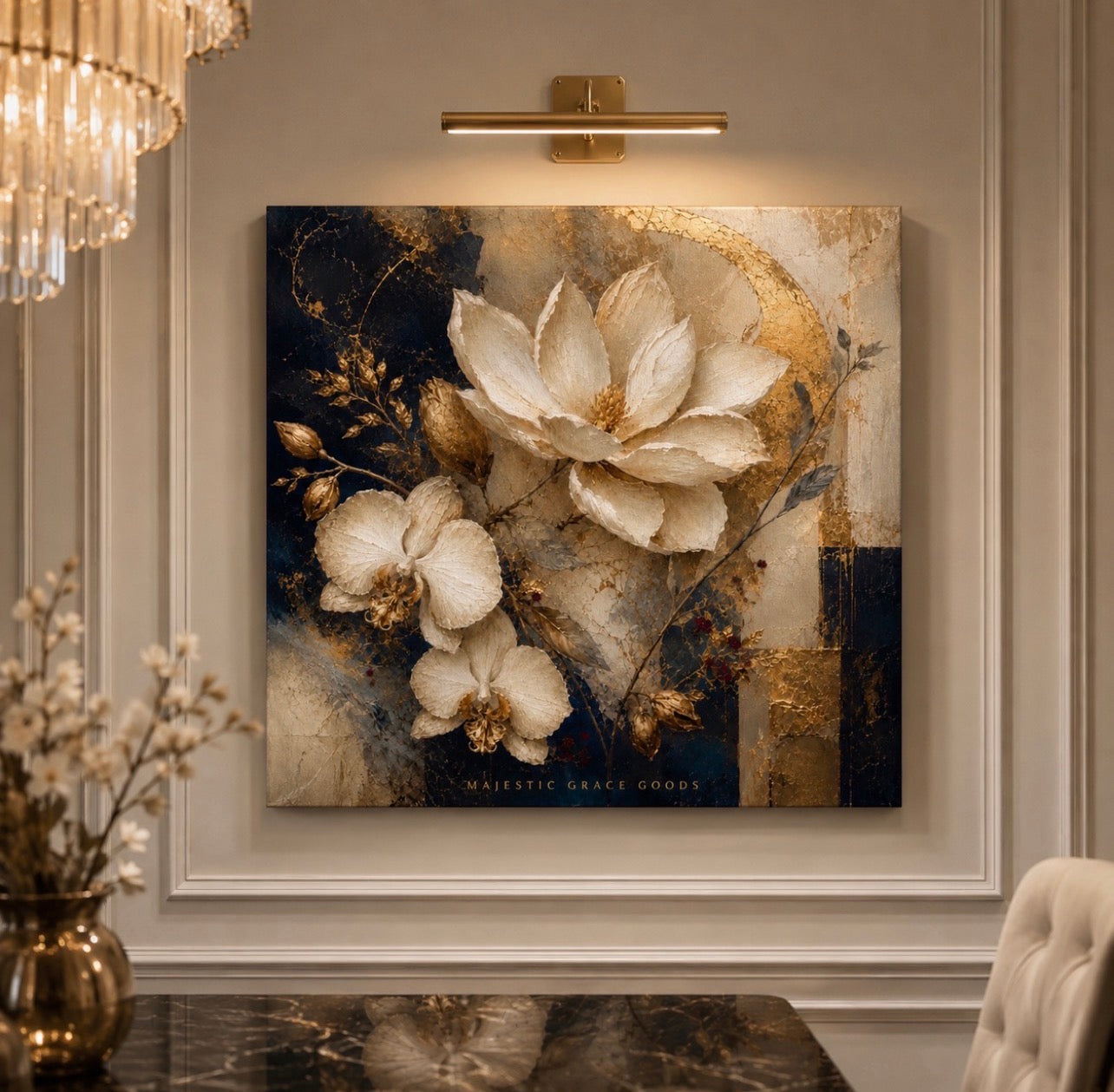 Décoration murale toile Magnolia orchidée ivoire – Motif floral de luxe bleu marine et or, prête à accrocher