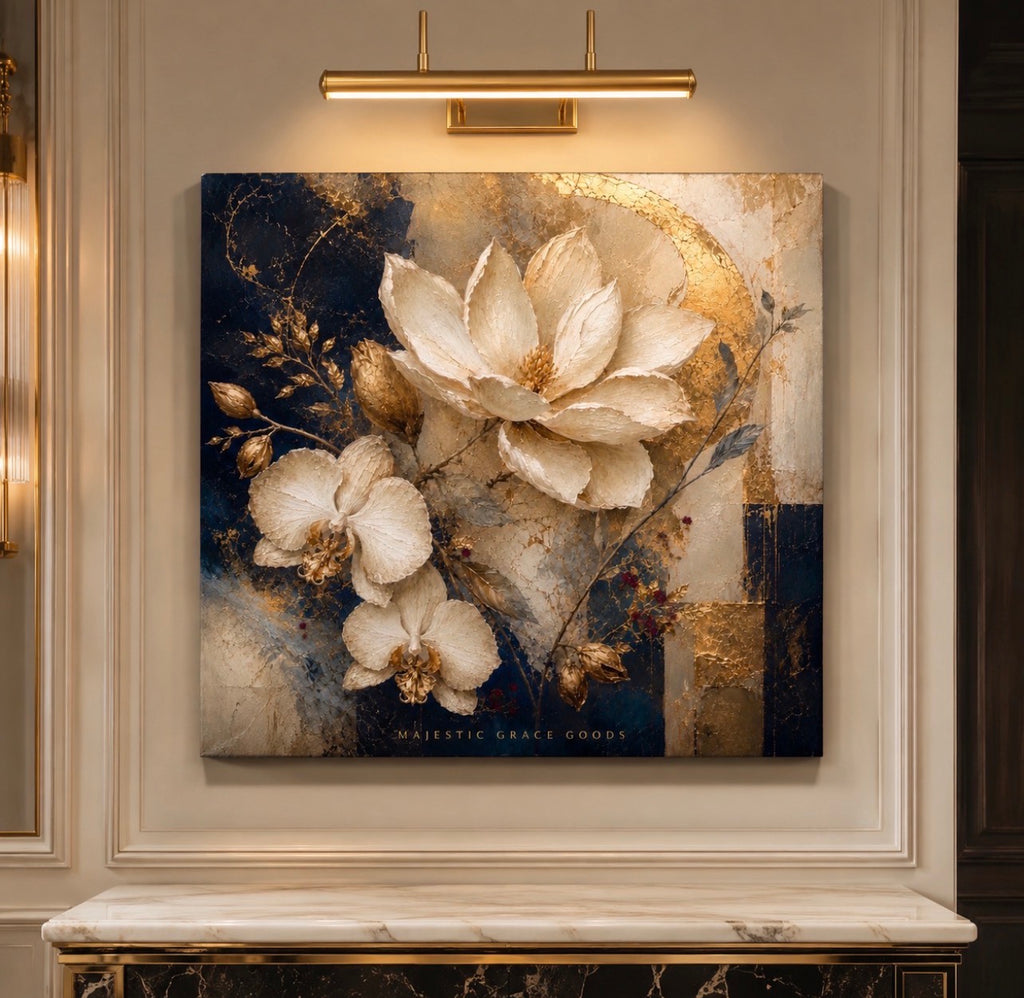 Décoration murale toile Magnolia orchidée ivoire – Motif floral de luxe bleu marine et or, prête à accrocher