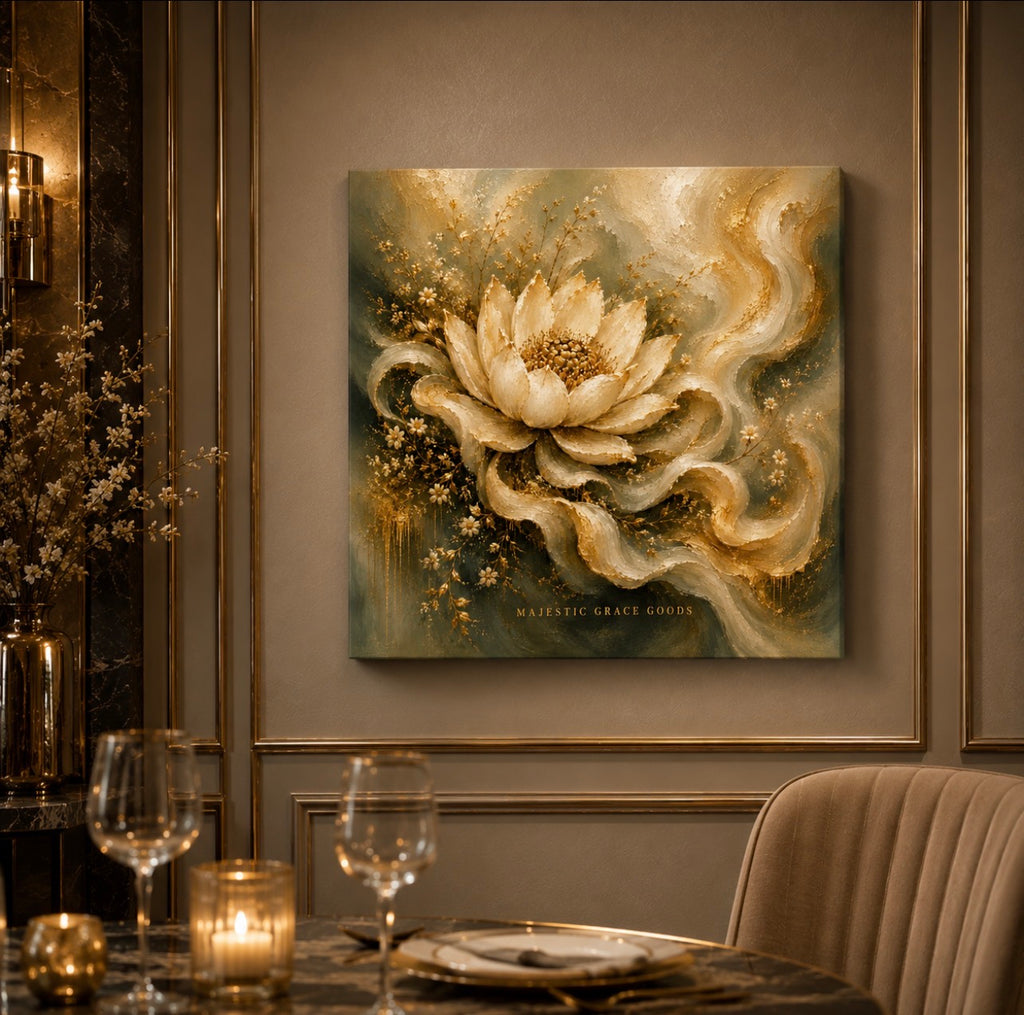 Tableau mural sur toile Lotus doré de Grâce, prêt à être accroché