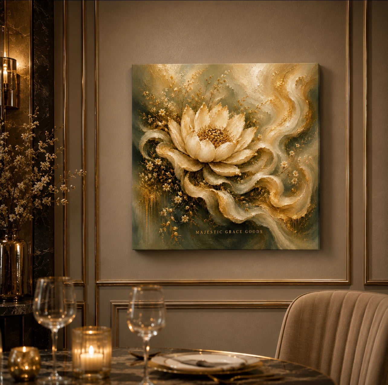 Tableau mural sur toile Lotus doré de Grâce, prêt à être accroché