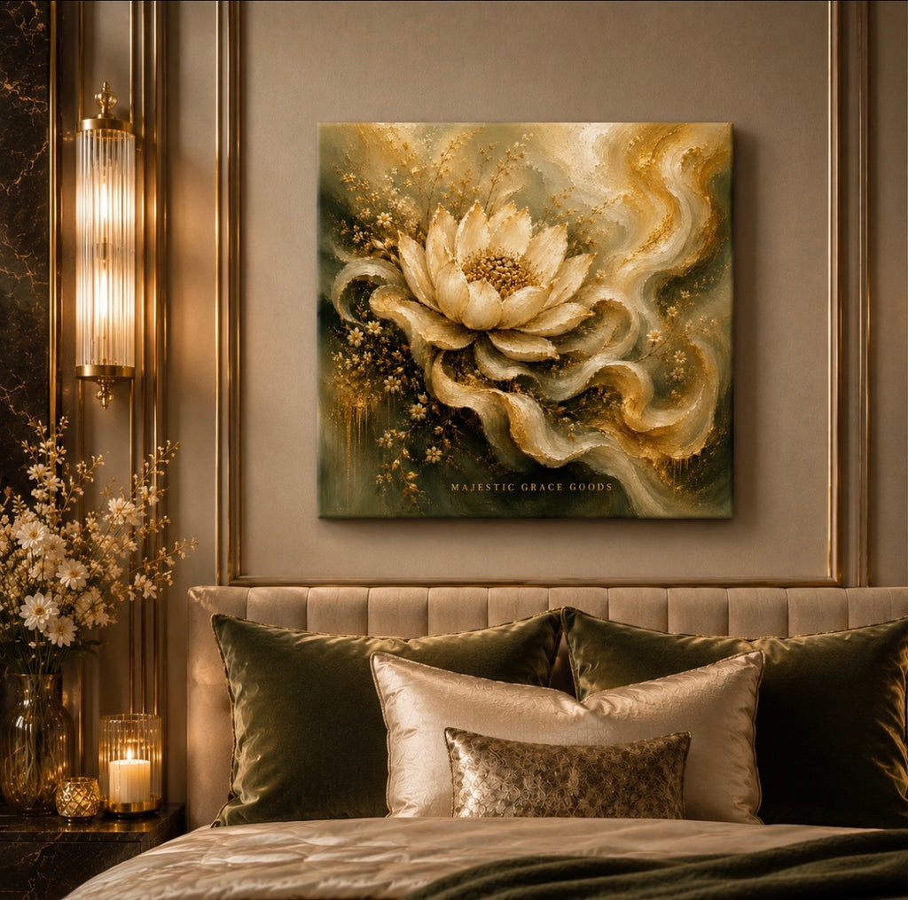 Tableau mural sur toile Lotus doré de Grâce, prêt à être accroché