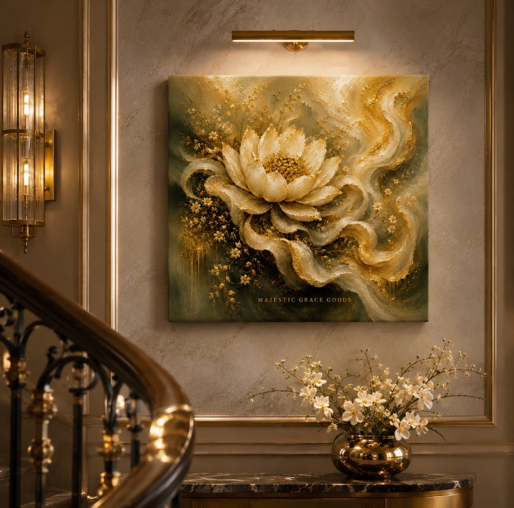 Tableau mural sur toile Lotus doré de Grâce, prêt à être accroché
