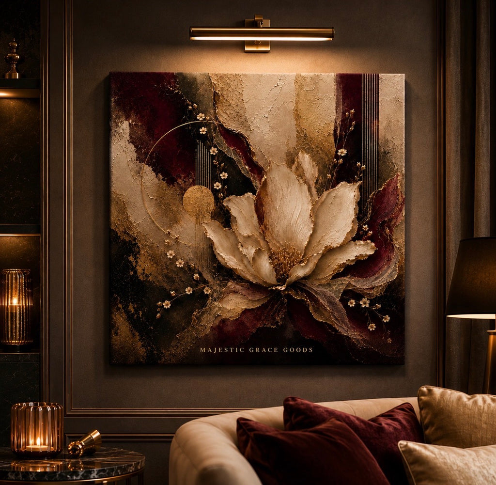 Luxury Burgundy Gold Floral Canvas Wall Art, Elegant Abstract Flower Print, Ready to Hang