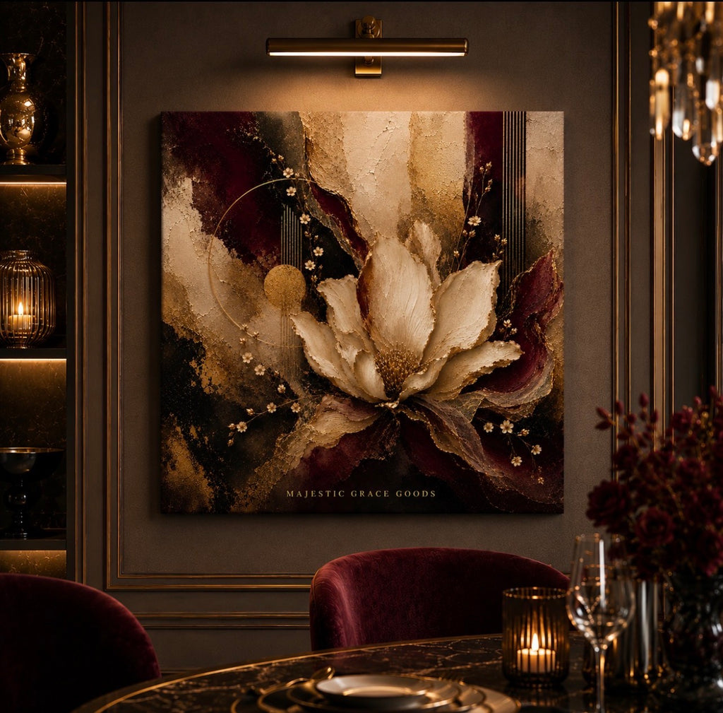 Luxury Burgundy Gold Floral Canvas Wall Art, Elegant Abstract Flower Print, Ready to Hang