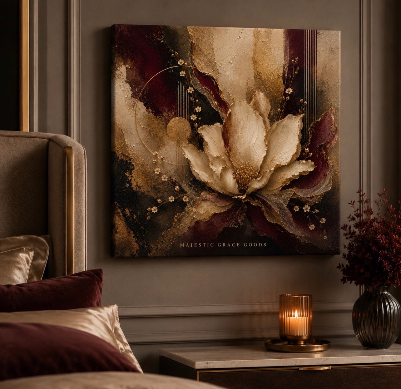 Luxury Burgundy Gold Floral Canvas Wall Art, Elegant Abstract Flower Print, Ready to Hang