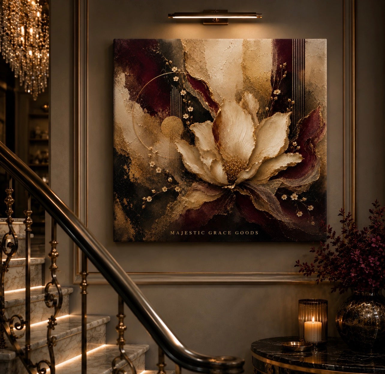 Luxury Burgundy Gold Floral Canvas Wall Art, Elegant Abstract Flower Print, Ready to Hang