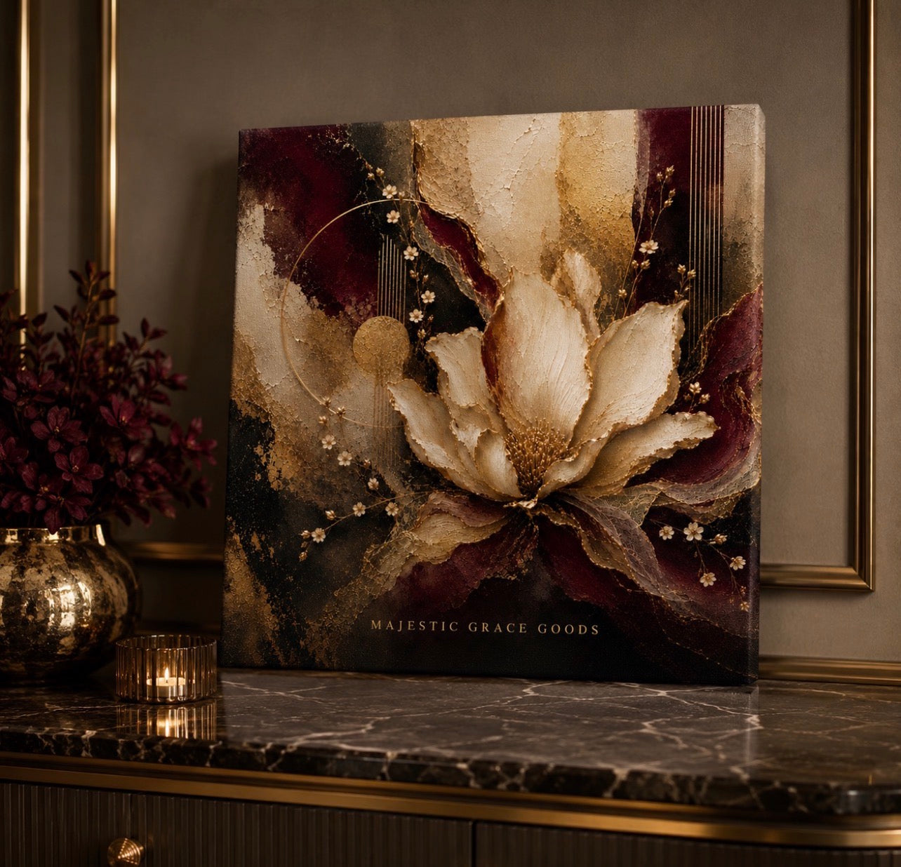 Luxury Burgundy Gold Floral Canvas Wall Art, Elegant Abstract Flower Print, Ready to Hang