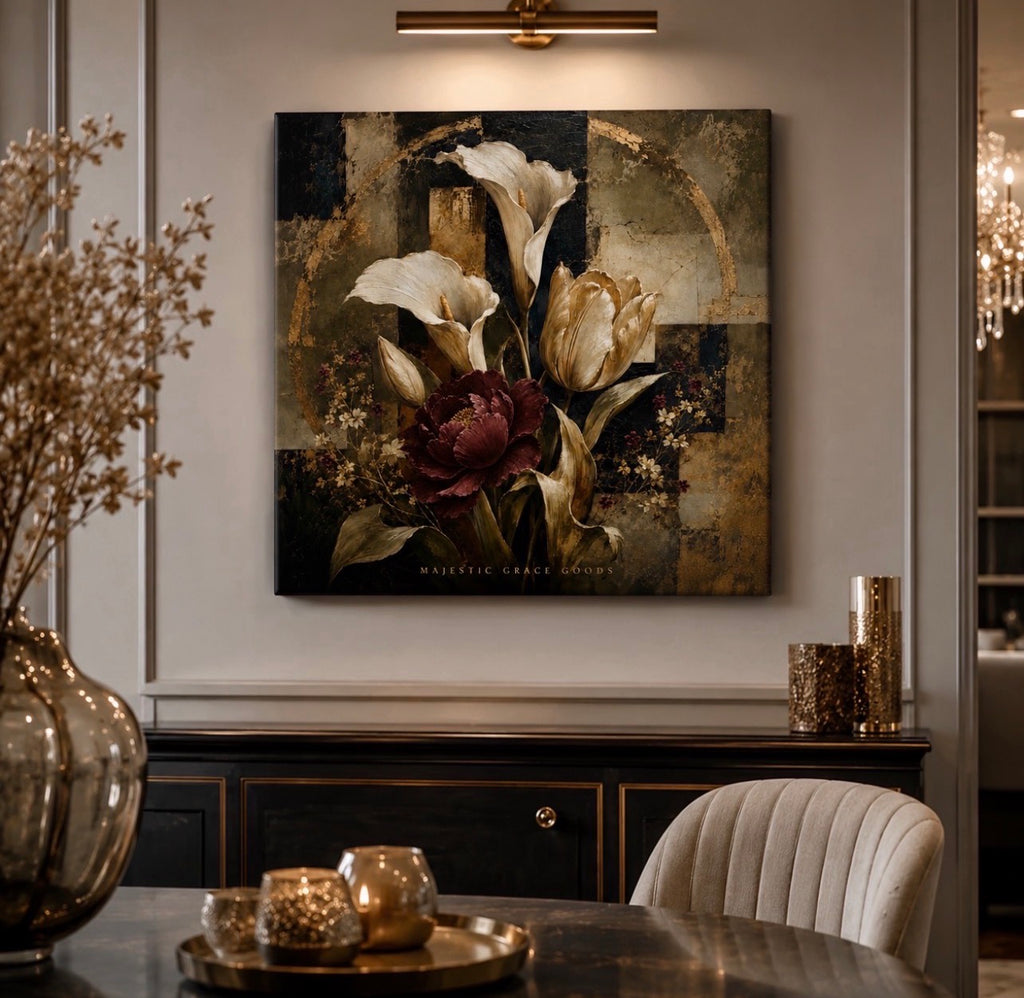 Elegant Burgundy & Ivory Floral Canvas Wall Art, Luxury Abstract Botanical Painting, Modern Antique Decor