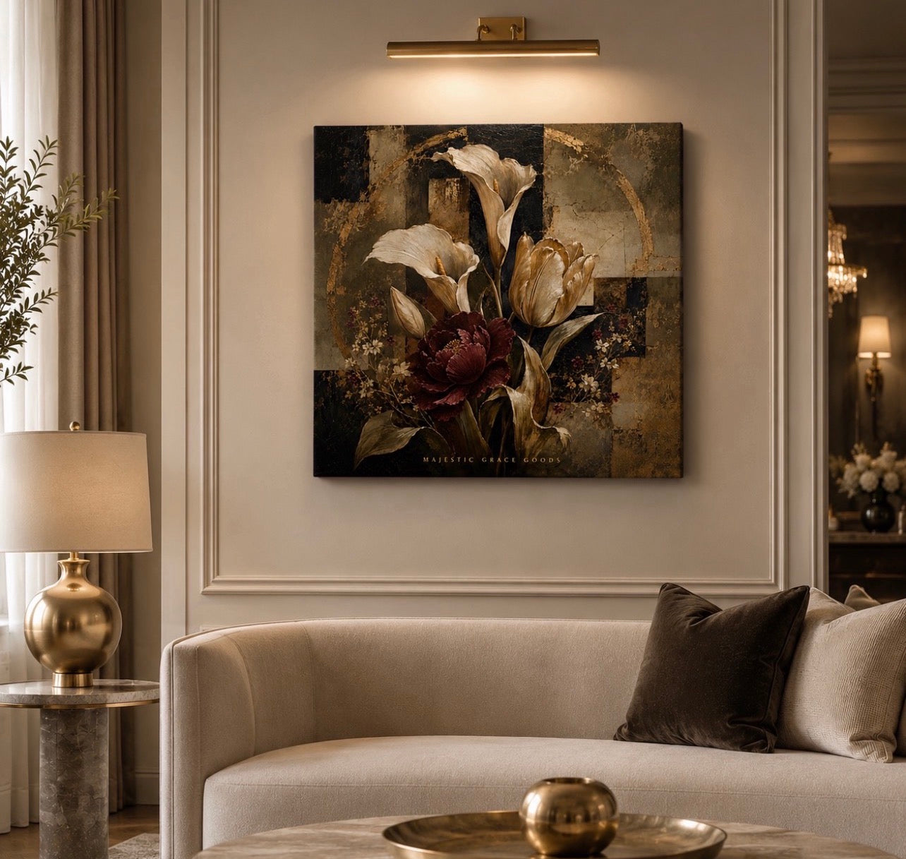 Elegant Burgundy & Ivory Floral Canvas Wall Art, Luxury Abstract Botanical Painting, Modern Antique Decor