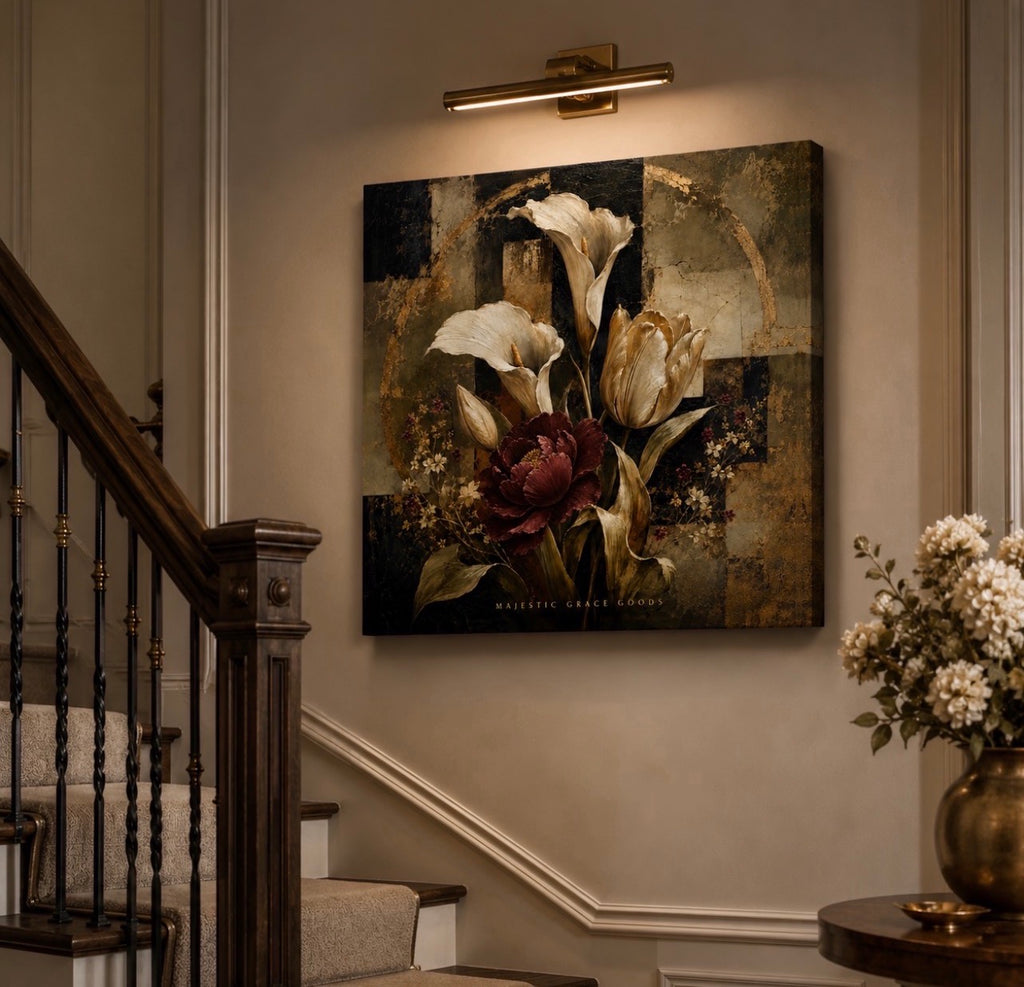 Elegant Burgundy & Ivory Floral Canvas Wall Art, Luxury Abstract Botanical Painting, Modern Antique Decor