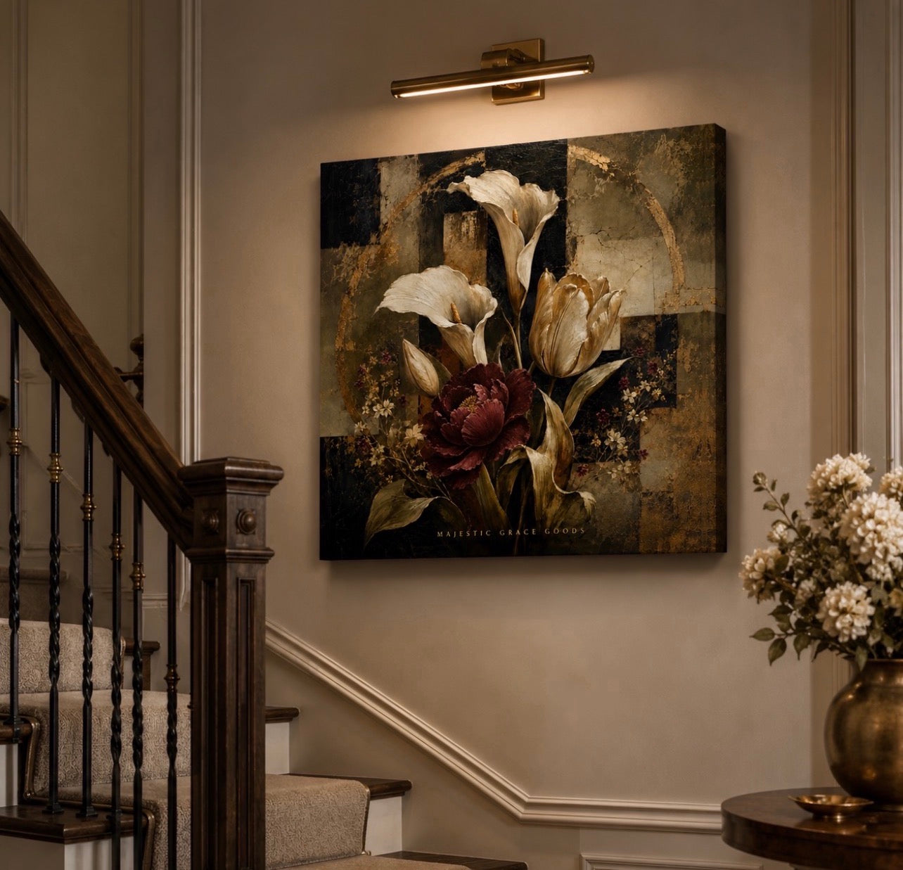 Elegant Burgundy & Ivory Floral Canvas Wall Art, Luxury Abstract Botanical Painting, Modern Antique Decor