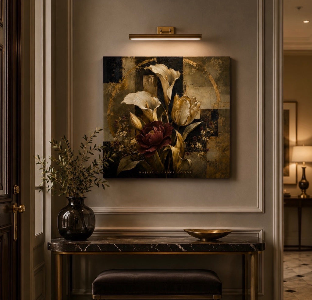 Elegant Burgundy & Ivory Floral Canvas Wall Art, Luxury Abstract Botanical Painting, Modern Antique Decor