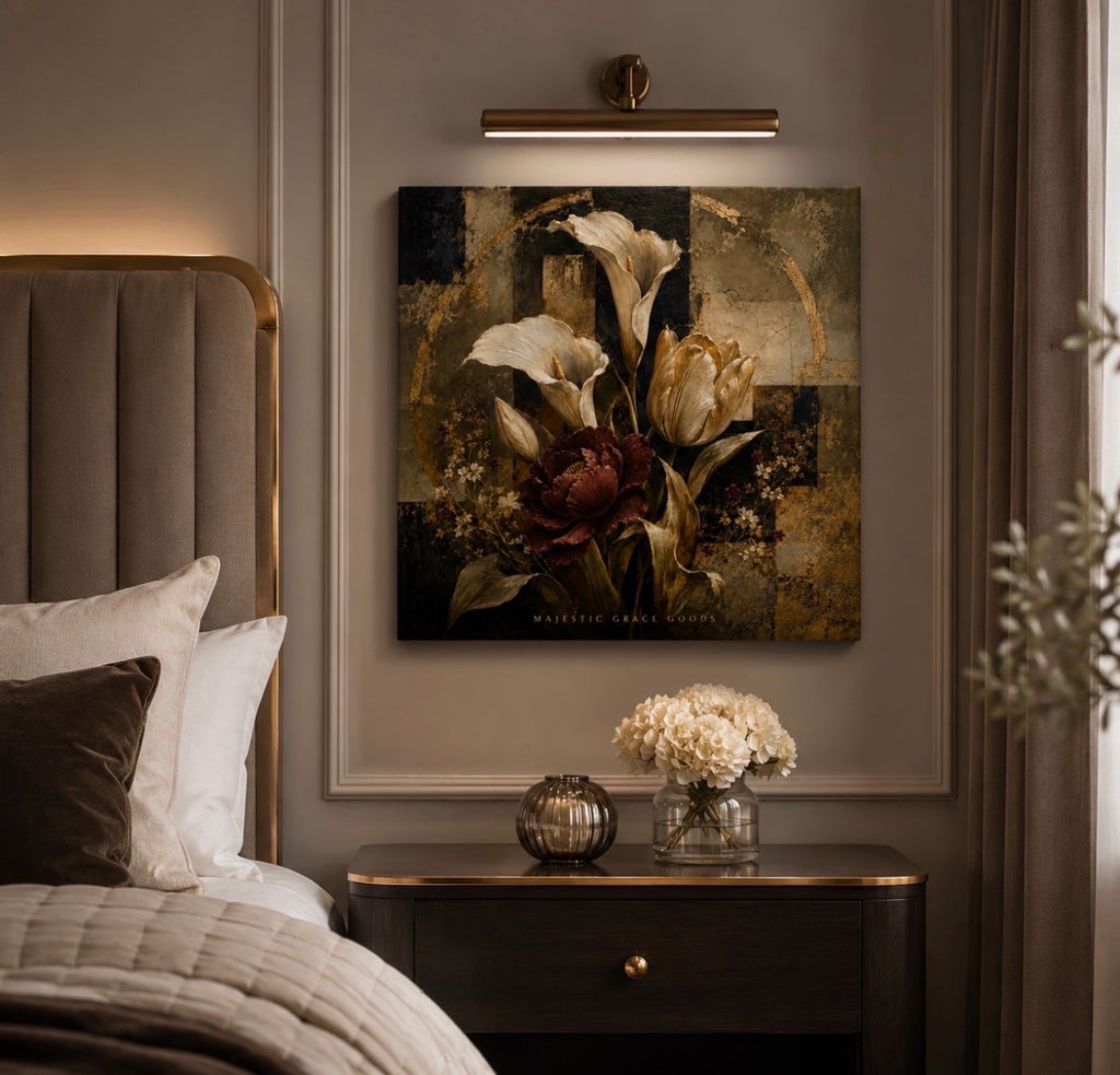 Elegant Burgundy & Ivory Floral Canvas Wall Art, Luxury Abstract Botanical Painting, Modern Antique Decor
