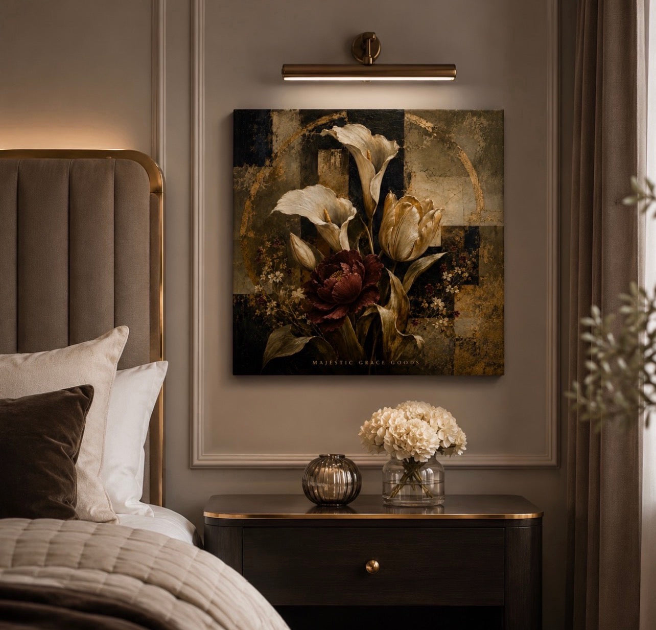 Elegant Burgundy & Ivory Floral Canvas Wall Art, Luxury Abstract Botanical Painting, Modern Antique Decor