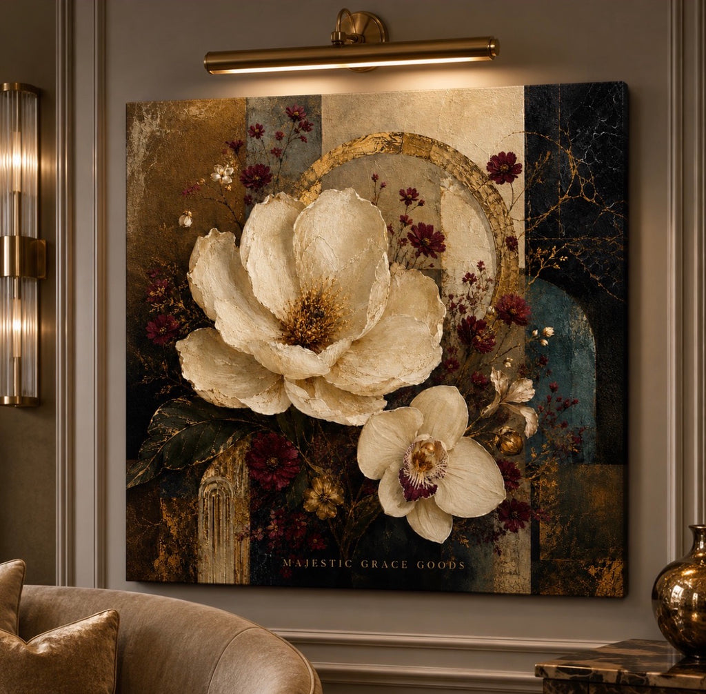 Ivory Magnolia & Orchid Canvas Wall Art - Luxury Floral Abstract Gold Botanical Decor