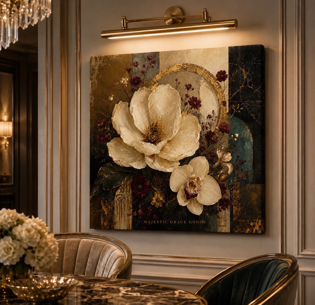 Ivory Magnolia & Orchid Canvas Wall Art - Luxury Floral Abstract Gold Botanical Decor