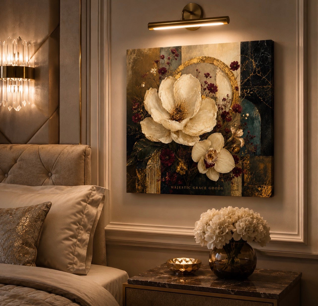 Ivory Magnolia & Orchid Canvas Wall Art - Luxury Floral Abstract Gold Botanical Decor
