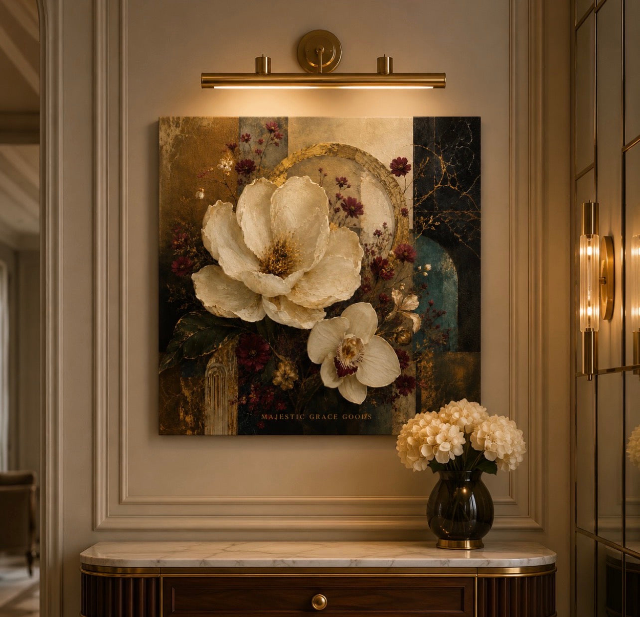 Ivory Magnolia & Orchid Canvas Wall Art - Luxury Floral Abstract Gold Botanical Decor