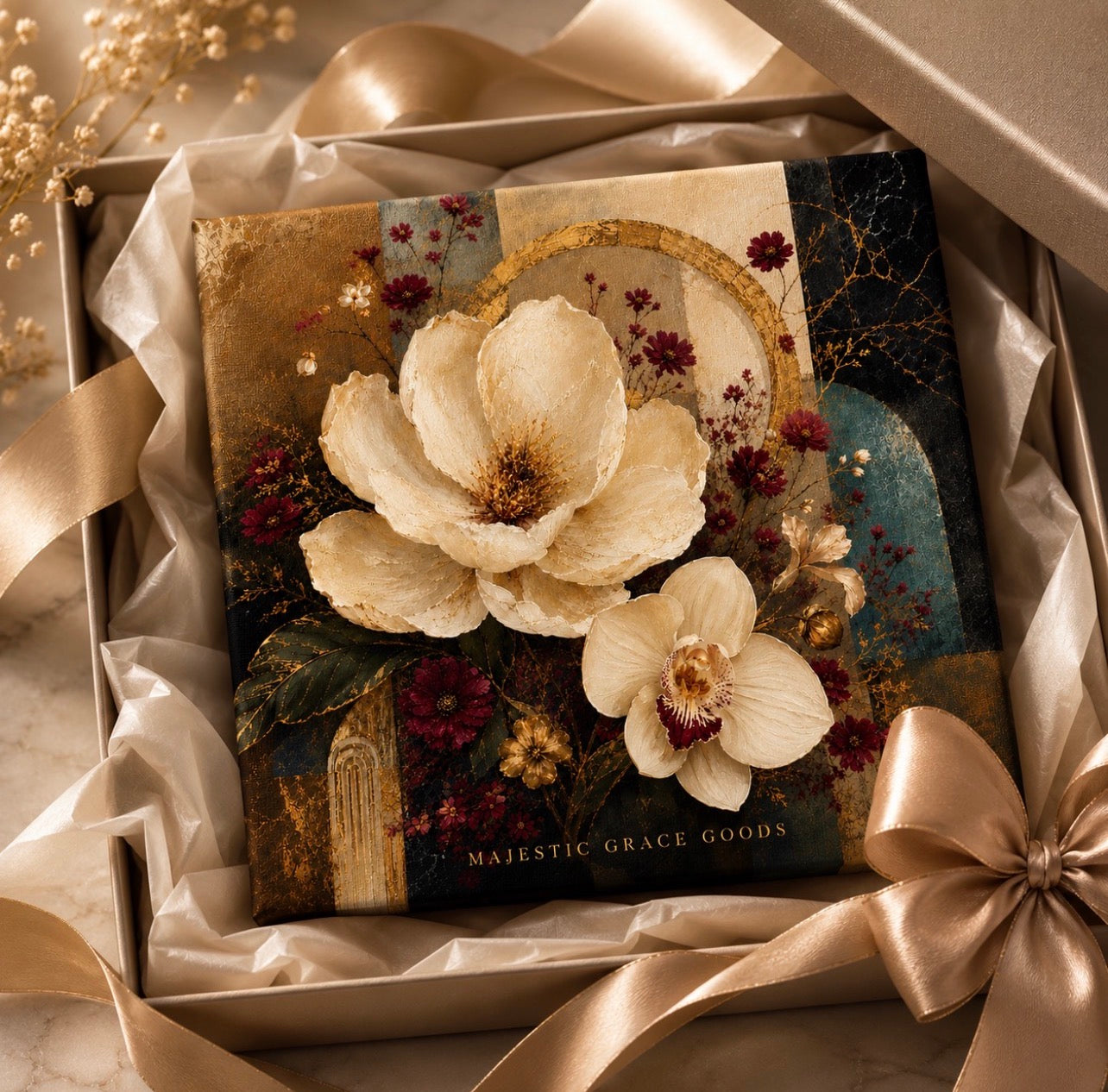 Ivory Magnolia & Orchid Canvas Wall Art - Luxury Floral Abstract Gold Botanical Decor