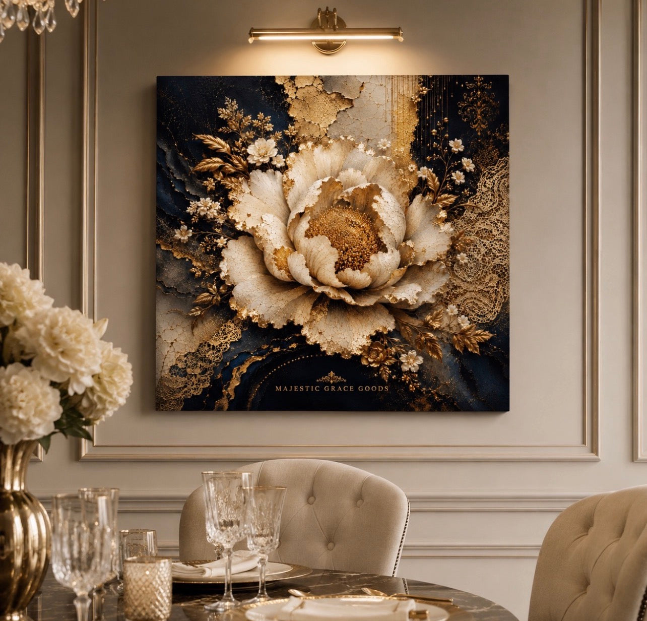 Tableau mural majestueux « Ivory Bloom », prêt à accrocher
