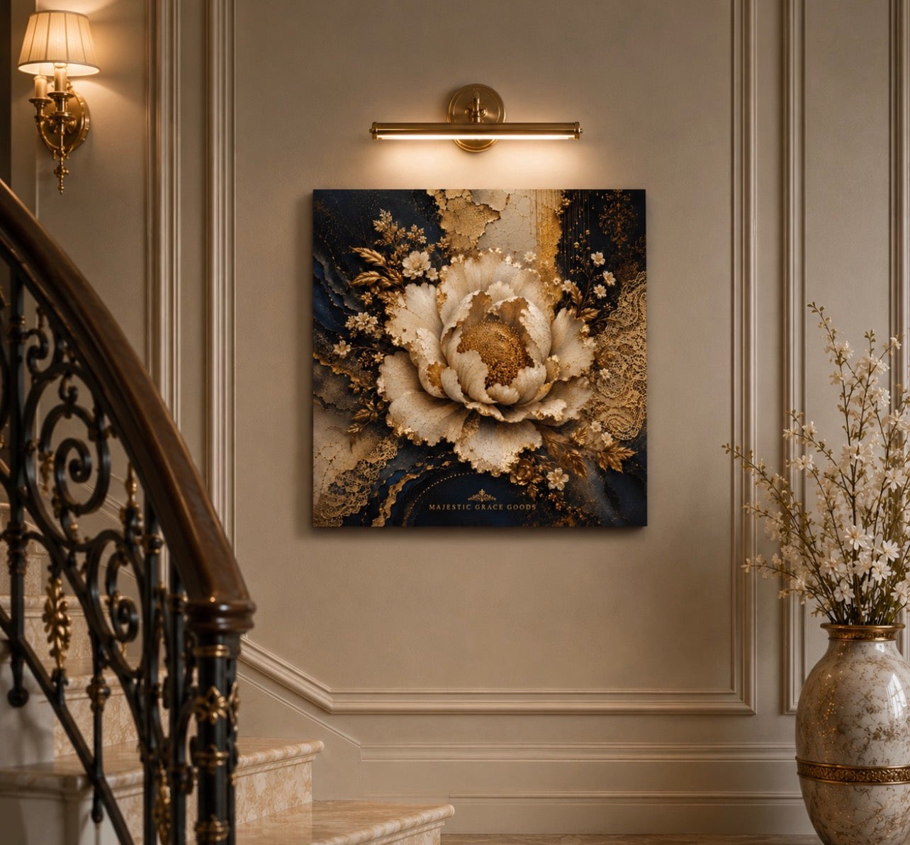 Tableau mural majestueux « Ivory Bloom », prêt à accrocher