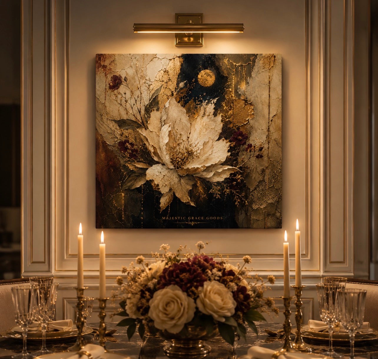 Décoration Murale sur Toile Fleur Ivoire au Clair de Lune - Peinture à l'Huile Florale Texturée de Luxe - Décoration sur Toile Premium Inspirée des Musées