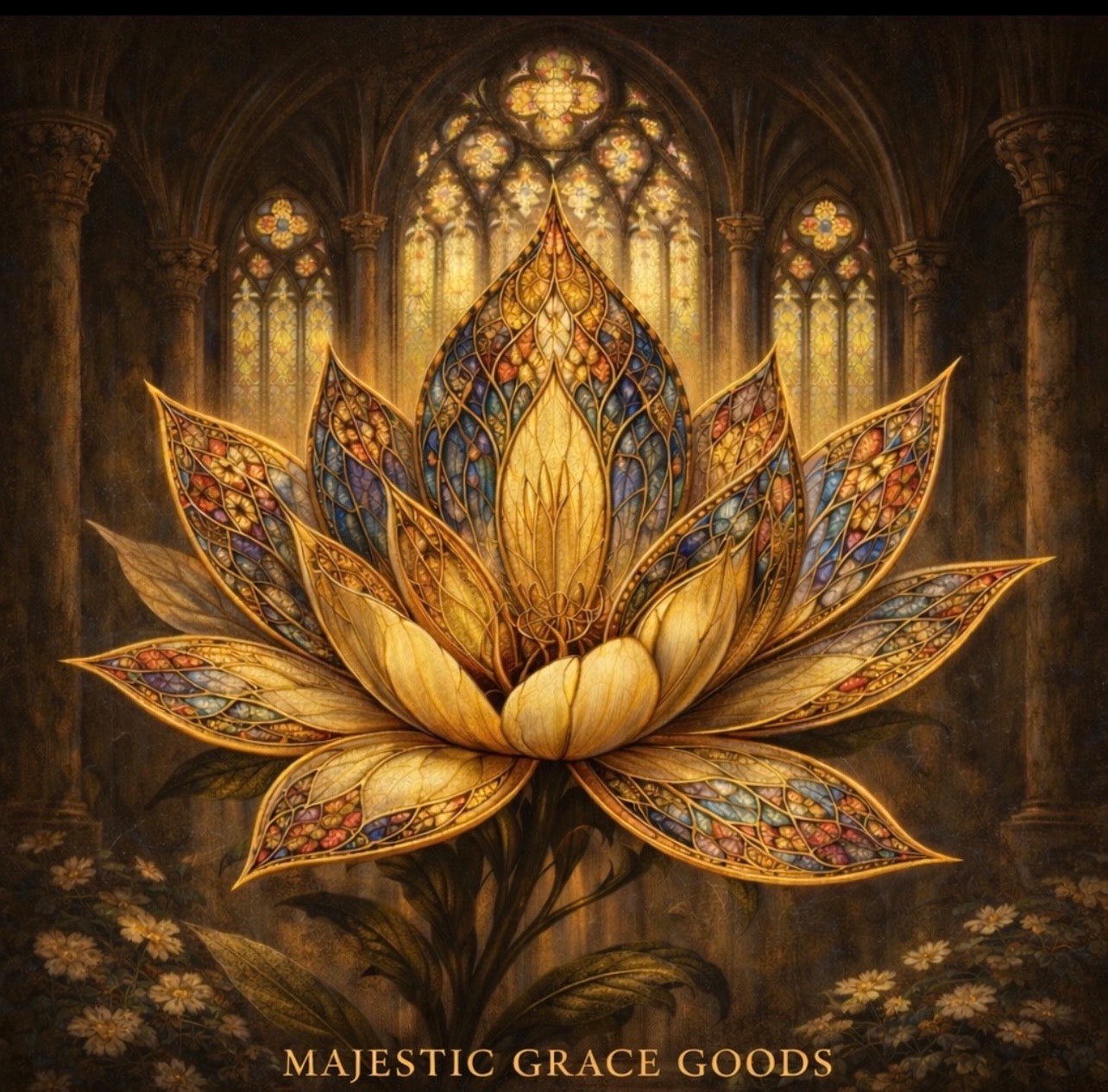 Stained Glass Lotus Canvas Art, Cathedral Inspired Gold Flower Print Decor