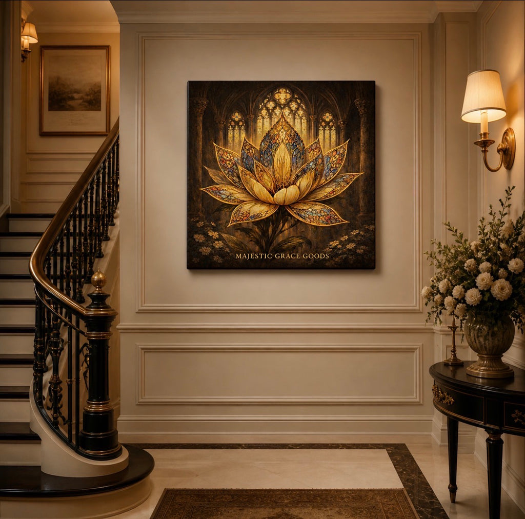 Stained Glass Lotus Canvas Art, Cathedral Inspired Gold Flower Print Decor