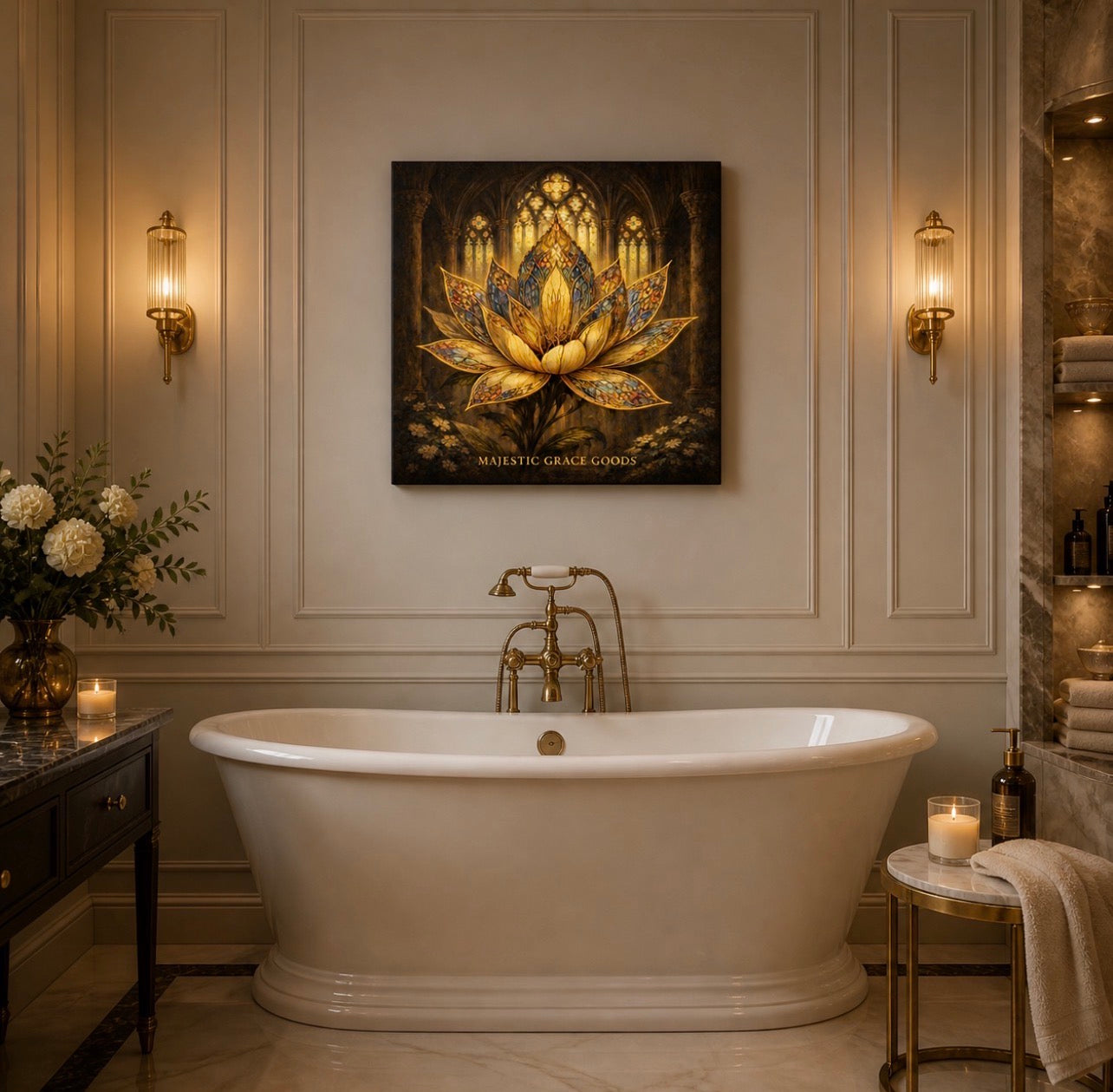Stained Glass Lotus Canvas Art, Cathedral Inspired Gold Flower Print Decor