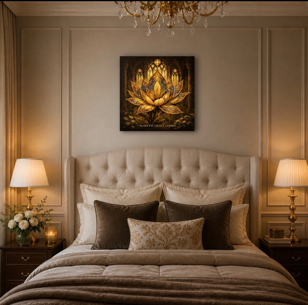 Stained Glass Lotus Canvas Art, Cathedral Inspired Gold Flower Print Decor