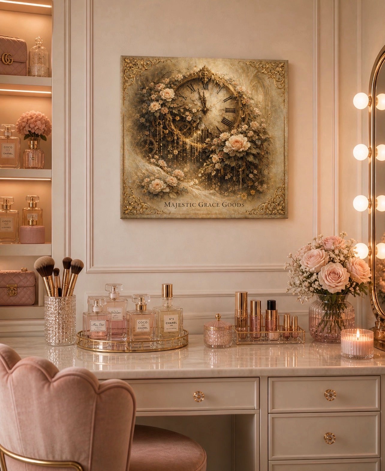 Vintage Floral Clock Canvas Wall Art, Romantic Antique Timepiece Artwork, Elegant Shabby Chic Decor