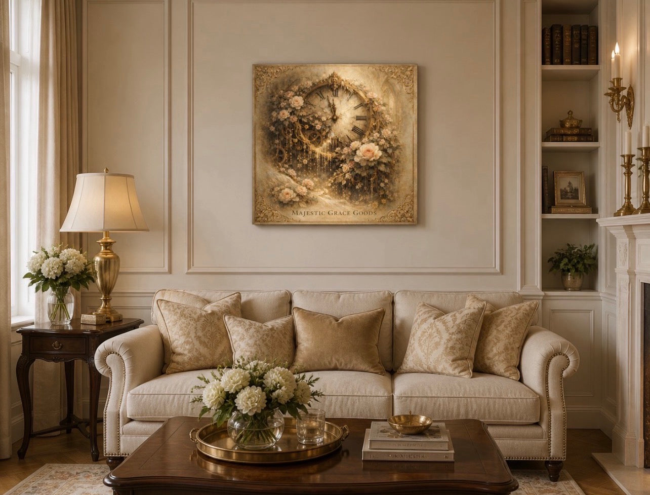 Vintage Floral Clock Canvas Wall Art, Romantic Antique Timepiece Artwork, Elegant Shabby Chic Decor