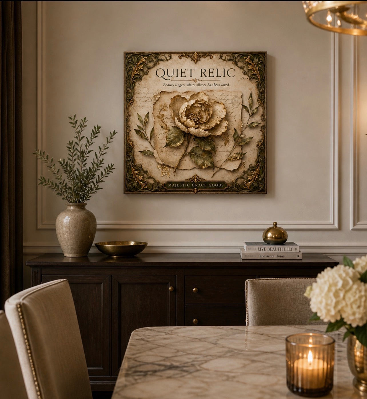 Vintage Floral Canvas Art, Antique Neutral Botanical Wall Decor, Luxury Heirloom Print