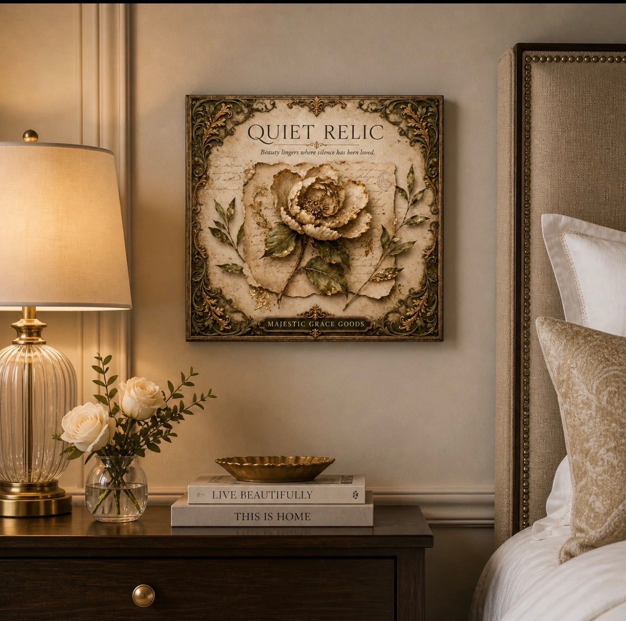 Vintage Floral Canvas Art, Antique Neutral Botanical Wall Decor, Luxury Heirloom Print