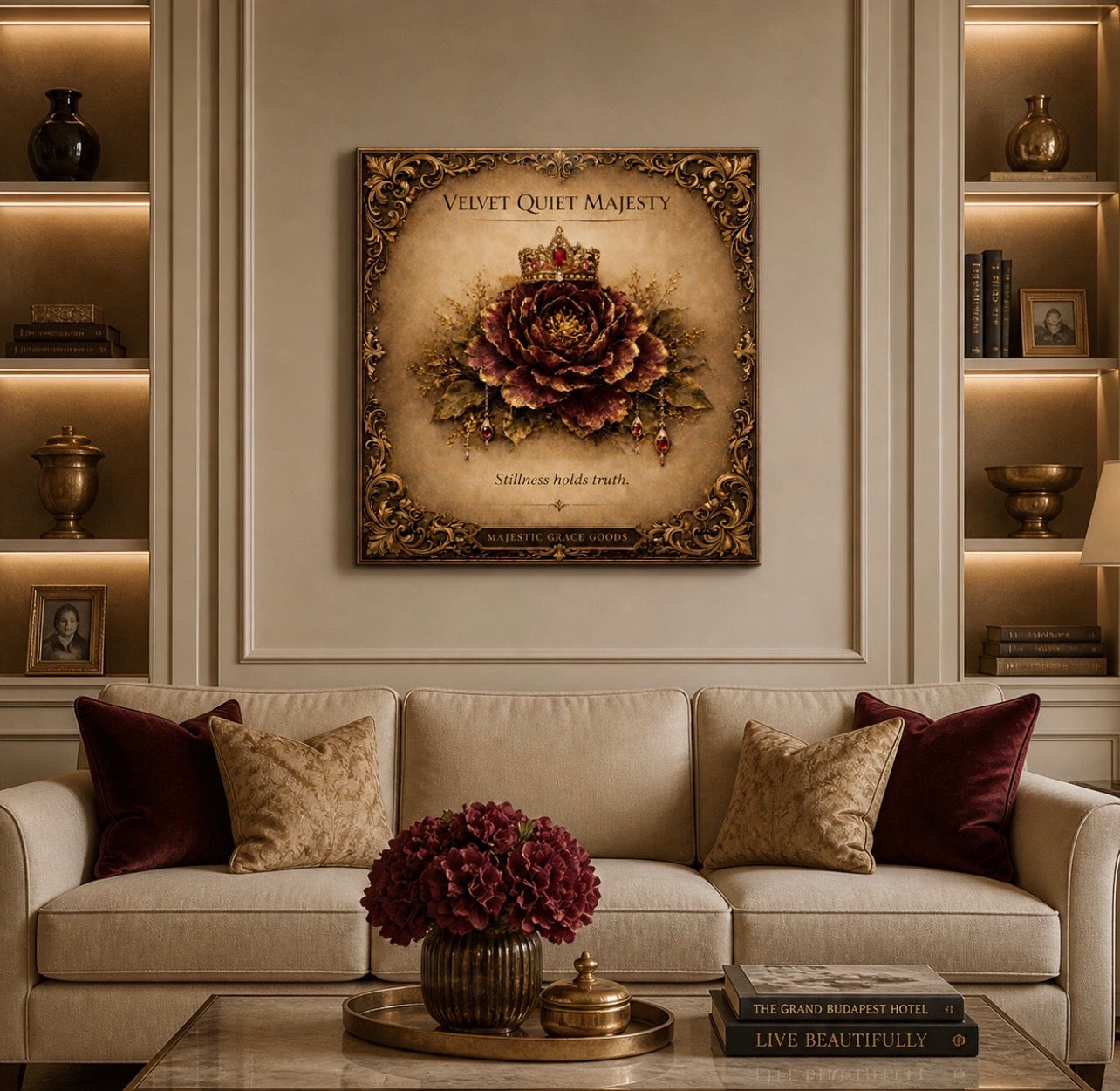 Velvet Floral Crown Canvas Art, Vintage Romantic Wall Decor