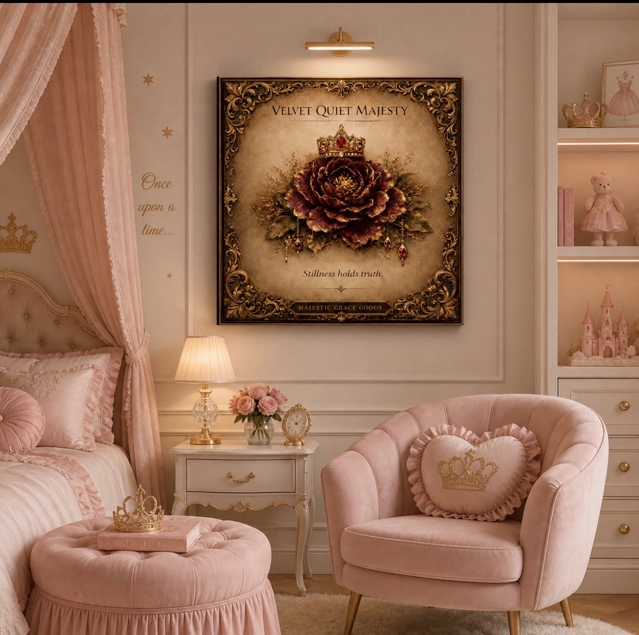 Velvet Floral Crown Canvas Art, Vintage Romantic Wall Decor
