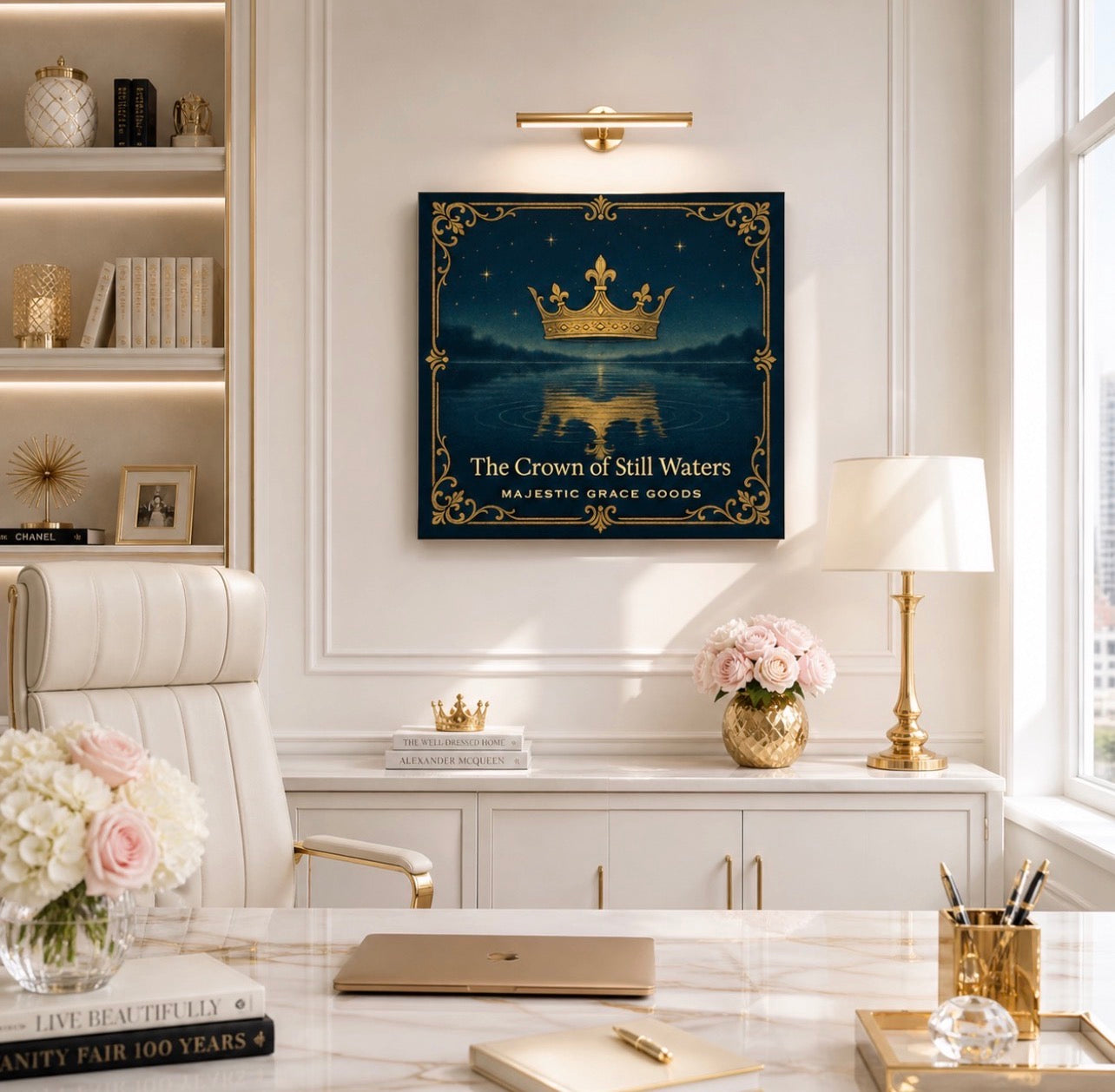 Crown of Still Waters Canvas Art, Royal Blue Gold Print, Regal Wall Decor