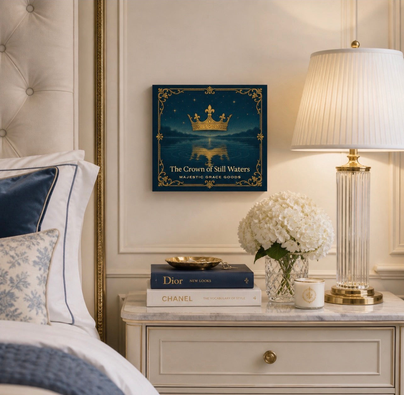 Crown of Still Waters Canvas Art, Royal Blue Gold Print, Regal Wall Decor