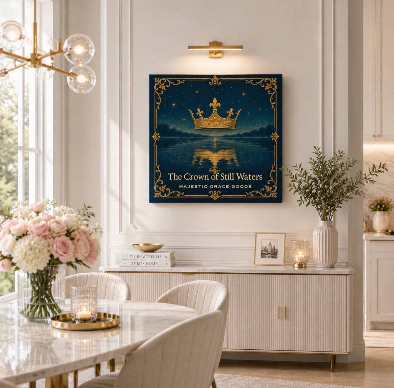 Crown of Still Waters Canvas Art, Royal Blue Gold Print, Regal Wall Decor