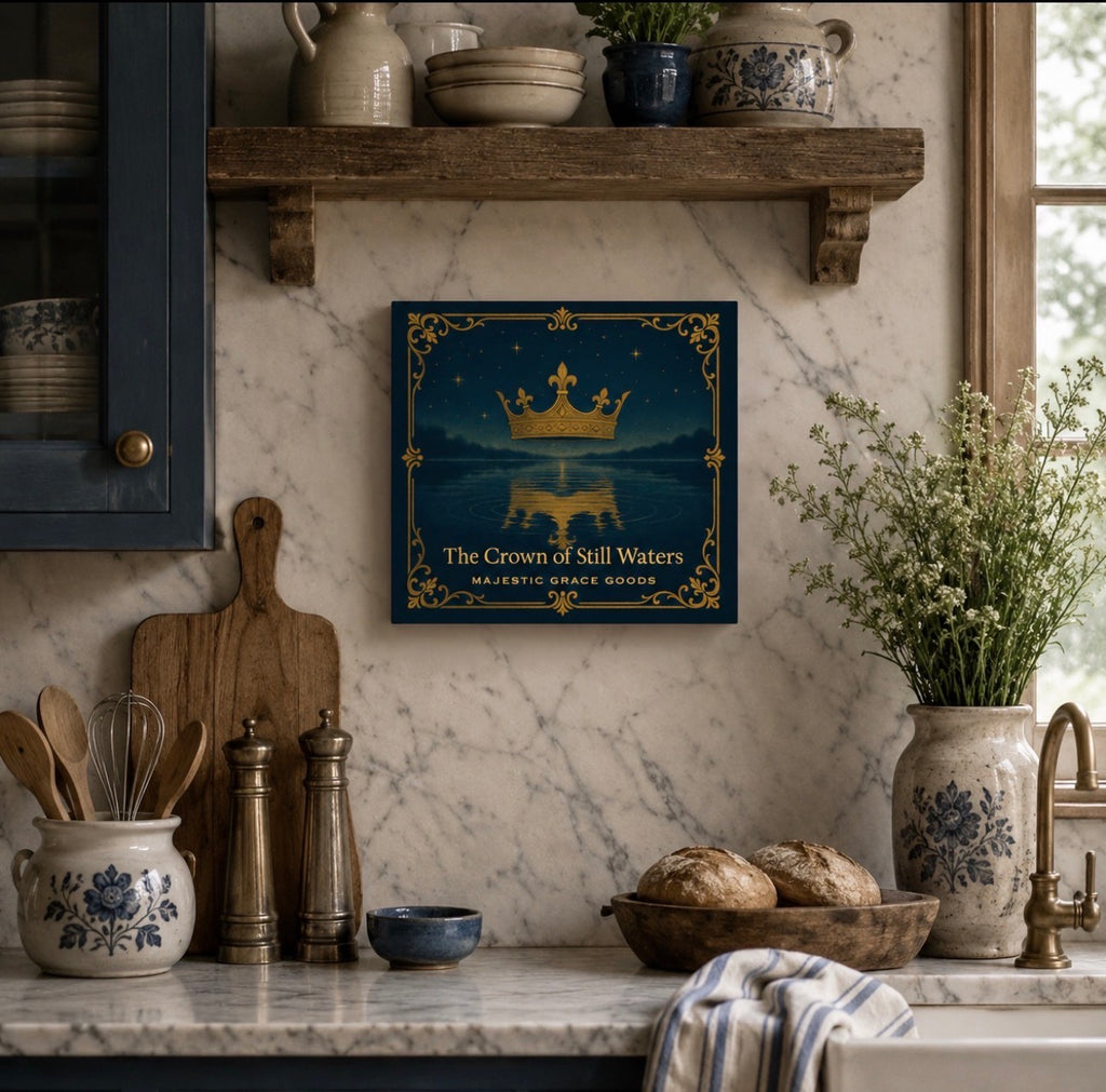 Crown of Still Waters Canvas Art, Royal Blue Gold Print, Regal Wall Decor